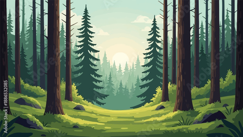 Pixelated forest scene with tall trees, lush green undergrowth, and a bright sunlit sky
