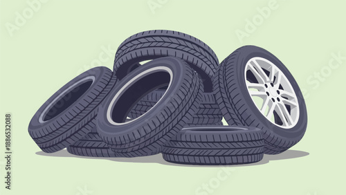 Pile of car tires on a light green background