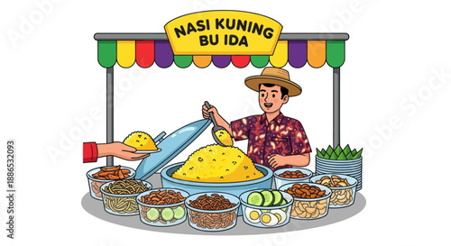 Cartoon illustration of an Indonesian street food vendor selling traditional Nasi Kuning yellow rice from a colorful stall.