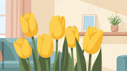 Sunny yellow tulips bloom in a cozy room with a framed picture