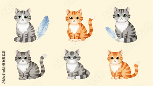 Six adorable watercolor cats, two with blue feathers, sit in two rows
