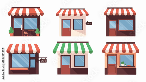 Six charming storefront illustrations, each with striped awnings and large windows