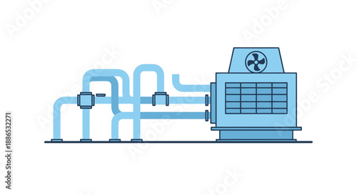 Industrial Cooling System with Pipes and Fan Blue Illustration.