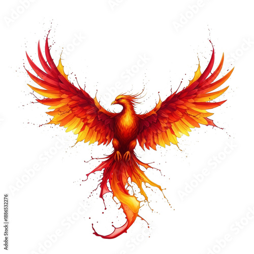 Dramatic PNG illustration of a phoenix made of flames spreading its wings, symbolizing rebirth, power, and transformation. PNG format, transparent background.