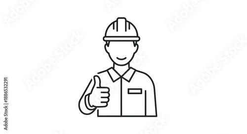 Line Art Construction Worker Icon with Hard Hat and Thumbs Up.