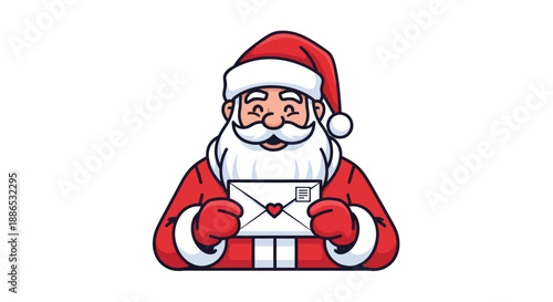 Cartoon Santa Claus holding a white envelope with a heart stamp.
