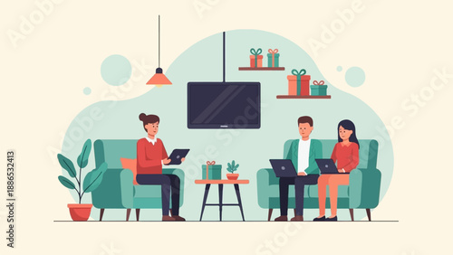 Three people in a living room with laptops, tablets, and gifts