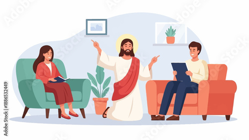 Three people in a living room, with one in religious attire speaking