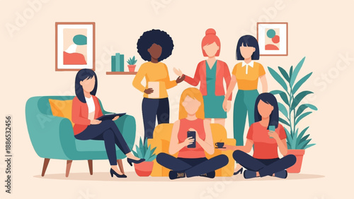 Six women in casual attire gather in a room with decor and plants