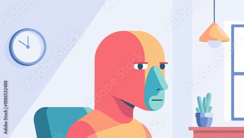 Stylized figure with colorful geometric planes in a minimalist room