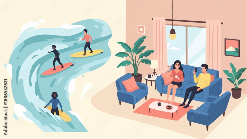 Obraz premium Surfing and home relaxation shown side-by-side