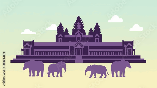 Purple elephants walk before a silhouette of an ancient temple under clouds