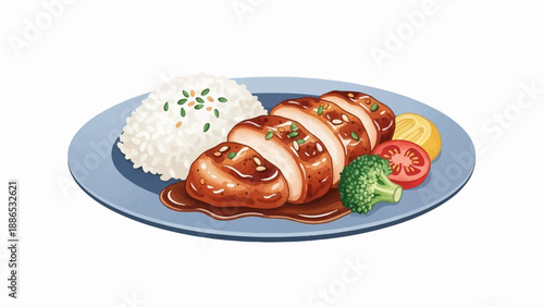 Sliced glazed chicken breast with rice, broccoli, tomato, and lemon