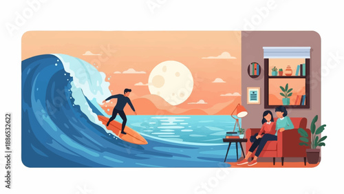 Surfer catches wave at sunset while couple relaxes indoors by the sea