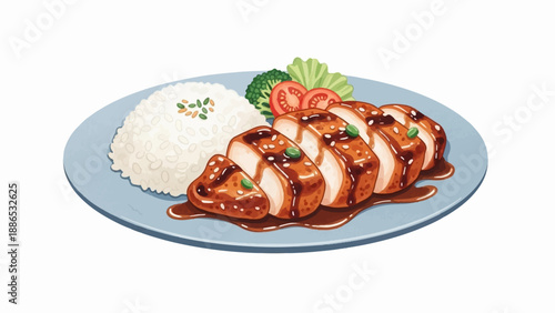 Sliced chicken breast with savory sauce, white rice, broccoli, and tomato on a plate