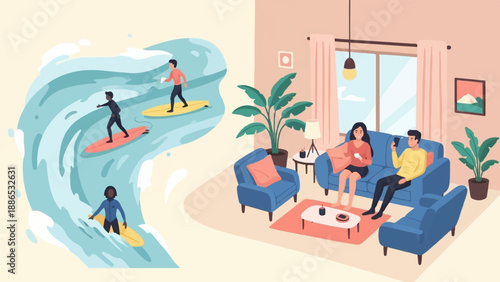 Surfing and home relaxation shown side-by-side