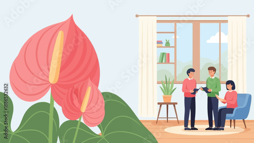 Three people in a room discussing documents with large pink flowers nearby