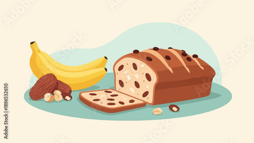 Slice of fruit bread with bananas, dates, and nuts on a teal surface