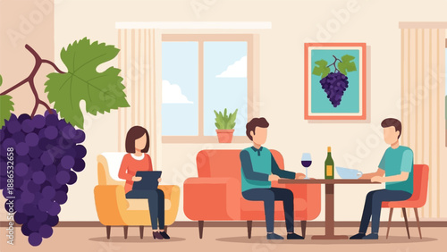 Three people in a room, one holding a tablet, while two others sit at a table with wine
