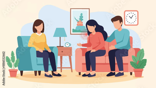 Three people in a room, one experiencing pain, are in therapy