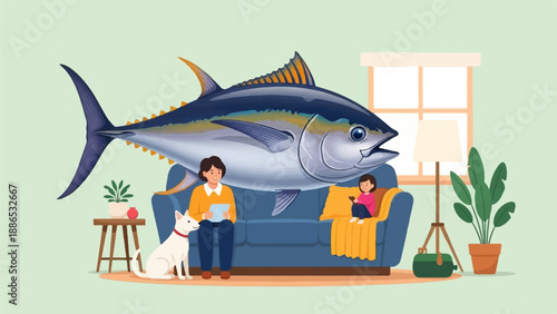 Surreal scene giant tuna fish resting on sofa with family, dog