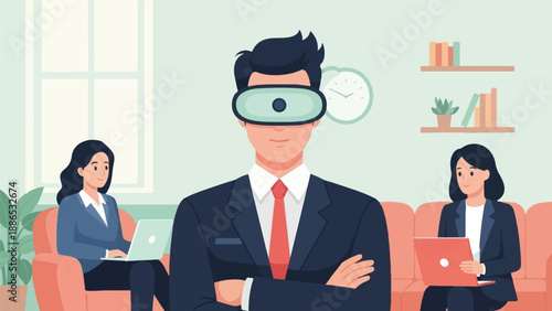 Professionals in virtual reality headset with laptops on couch