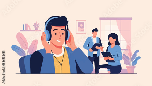 Three people in a room, one listening to music with headphones