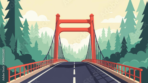 Suspended red bridge leading through a dense forest under a hazy sky