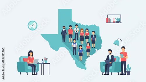 Team building and remote work illustrated against Texas map