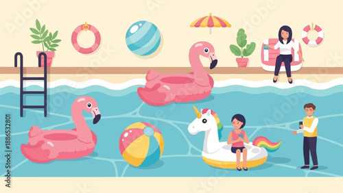 Poolside fun with inflatable animals, beach ball, and people relaxing