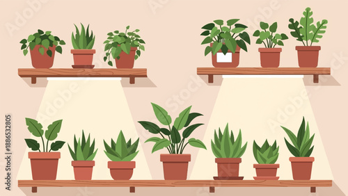 Potted plants arranged on shelves with soft ambient light