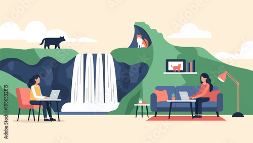 Remote workers enjoy nature's tranquility with their feline companions and laptops