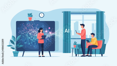 Team collaborates on artificial intelligence presentation in modern office