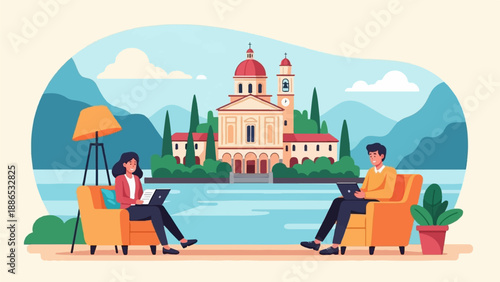 Remote workers enjoy a peaceful lakeside view of a historic European town