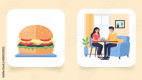 Stylized depiction of a hamburger next to a couple dining indoors