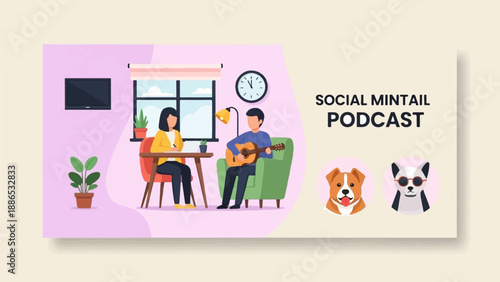 Podcast recording with people, pets, music, and plants in a cozy room