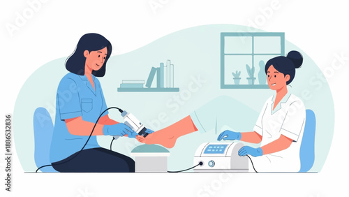 Podiatrist performing procedure on patient's foot with modern equipment