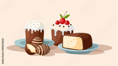 Sweet treats with iced cakes, chocolates, and strawberries