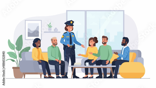 Police officer addresses a diverse group of people in a room