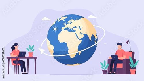 Remote workers collaborate globally around a digital planet