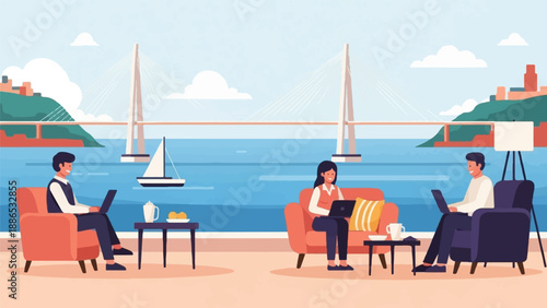 Remote workers by the water with a bridge and boat