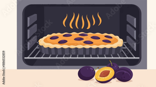 Plum pie baking in oven with fresh plums on counter