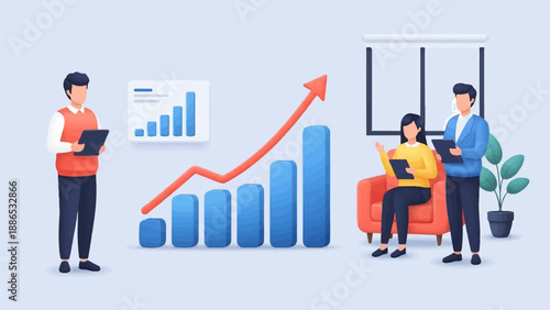 Team collaborating on growth strategy, analyzing bar charts and upward trend