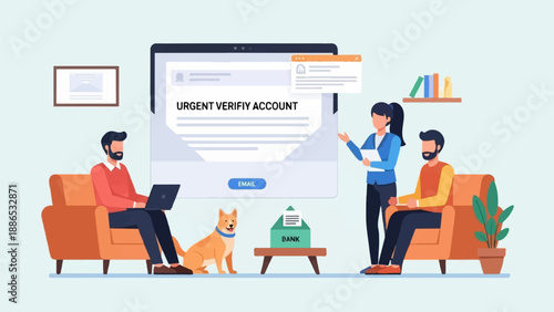 Team collaborating on online account verification, dog nearby