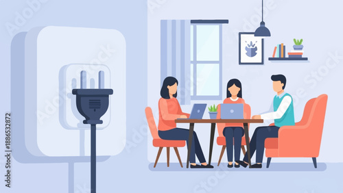 Team collaborating with laptops around a table, connected to power