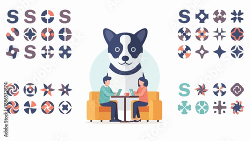 Stylized dog and two people working on laptops on a sofa