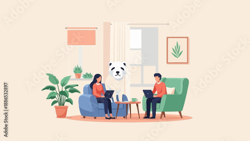 Remote work setup with two people and a panda mascot in a cozy living room