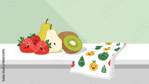 Playful cartoon fruits, strawberries, pears, and kiwi on a surface with a patterned cloth