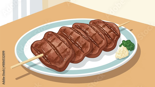 Platter of grilled meat skewers with two small mounds of seasoned vegetables