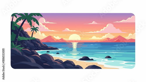 Pixelated tropical beach scene at sunset with palm trees and ocean waves